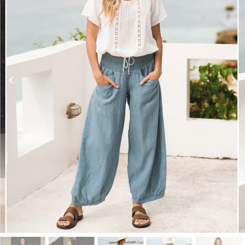 NWT. Nomad The Label Linen Pants in blue. Size 8.